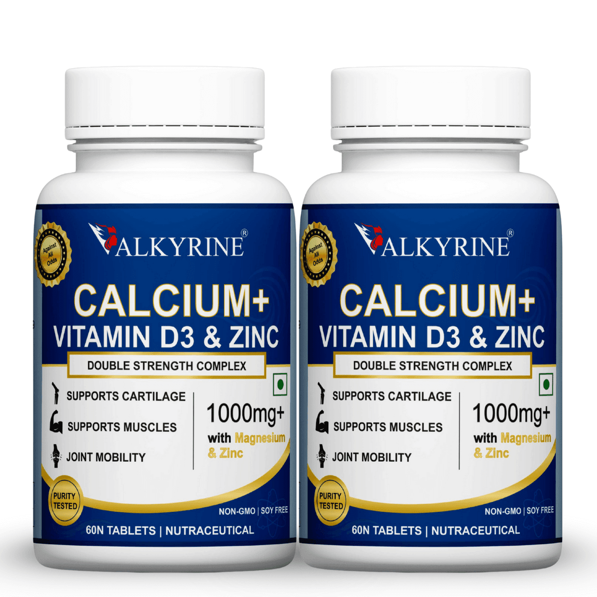 pack-of-2-calcium Valkyrine Calcium Tablets | Vitamin D3 + Zinc | Vegan & Non-GMO (Pack of 2) - Image 1