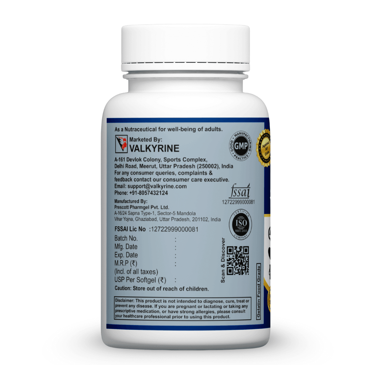 Valkyrine Omega 3 Fish Oil (1000 mg) with 180mg EPA and 120mg DHA - Image 2